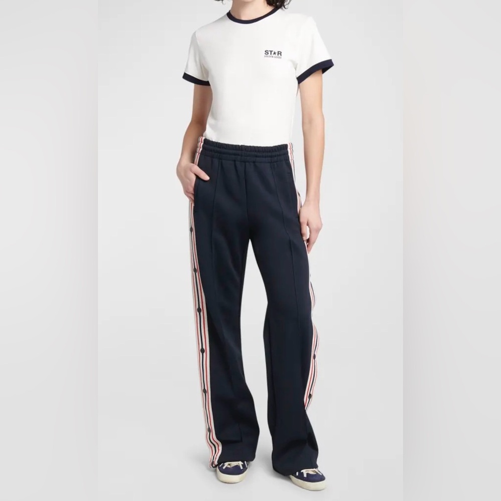 Golden goose deluxe brand women’s track pants side stripe snap navy white red S